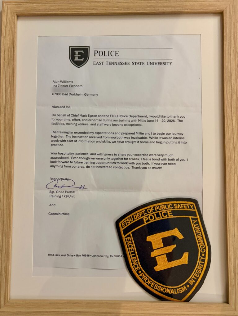 Dankesschreiben der Polizei der East Tennessee State University an Alun Williams und Ina Ziebler-Eichhorn